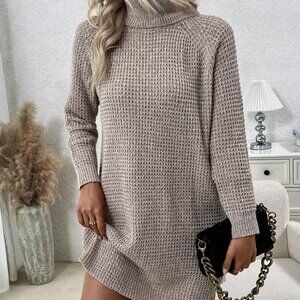 Khaki Casual Women's Solid Color Turtle Neck Raglan Sleeve Sweater Dress